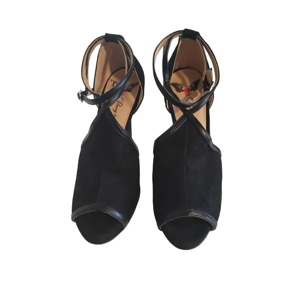 Penny Loves Kenny Women's Velvet Black Cross Strap Peep Toe Stiletto Heels Sz 6